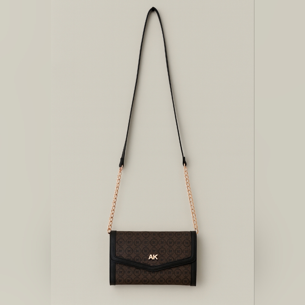 Anne Klein Monogram Crossbody Wallet Bag with Chain Strap – Brown/Black